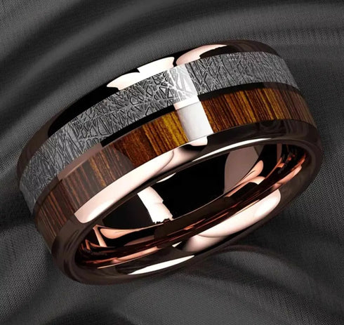 Men 8mm Tungsten Rose Gold Plated Silver Koa Wood Inlay Engagement Wedding Band